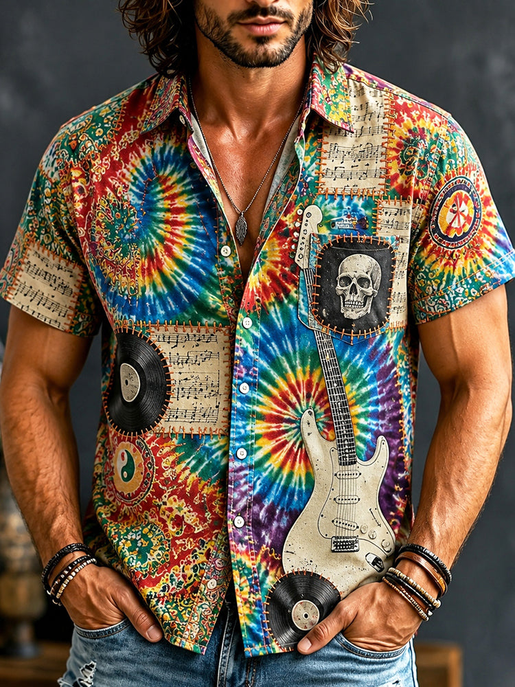 Men's Hippie Tie Dye Sheet Music Skull Guitar Patchwork Print Short Sleeve Shirt
