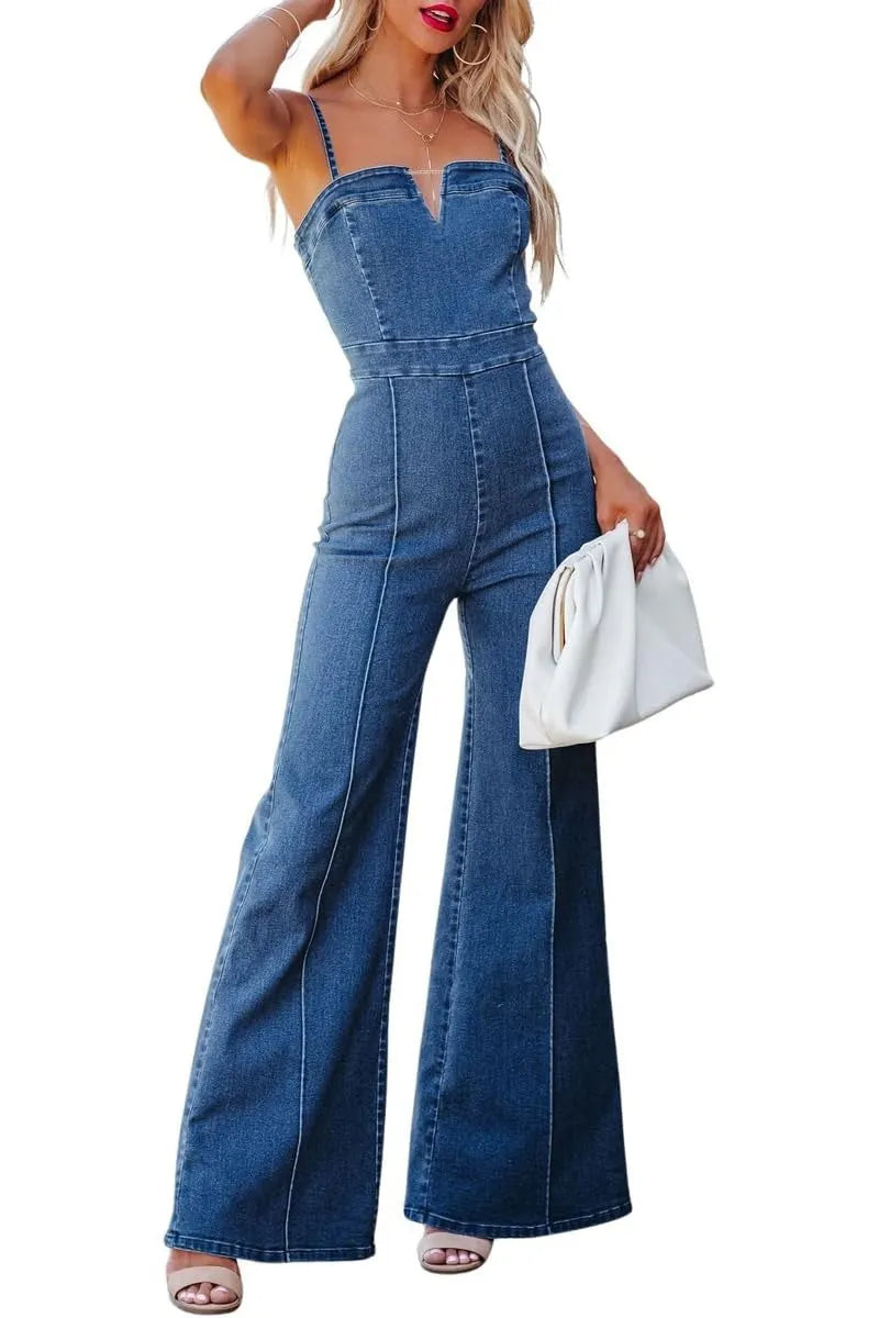 Women's Vintage Distressed Adjustable Strap Denim Overalls Stretchy Sleeveless Jumpsuit Jeans Pants