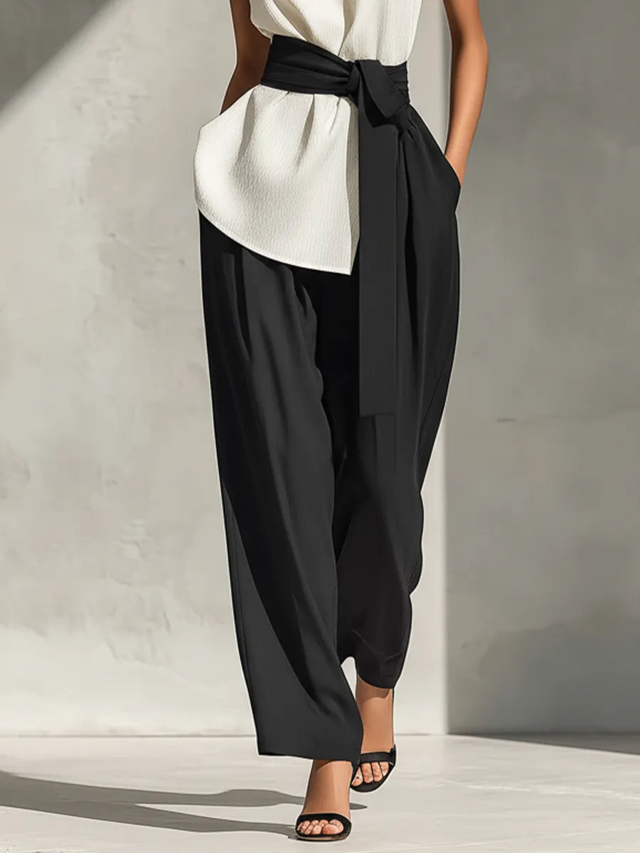 Women's White Sleeveless Top & Black Wide-Leg Pants Two-Piece Set With Contrast Belt MDZ1126B4T