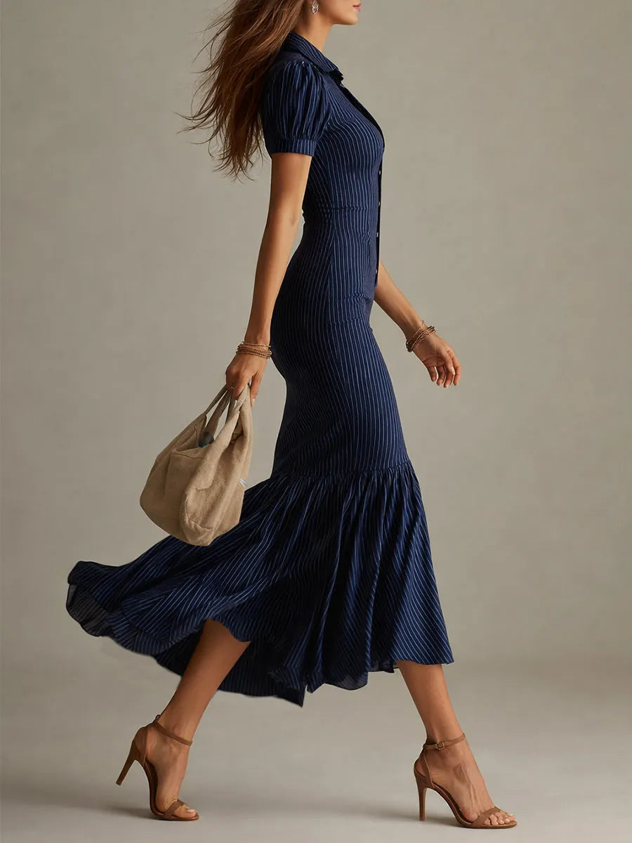 Navy Blue Striped Shirt Collar Slim-fit Mermaid Midi Dress