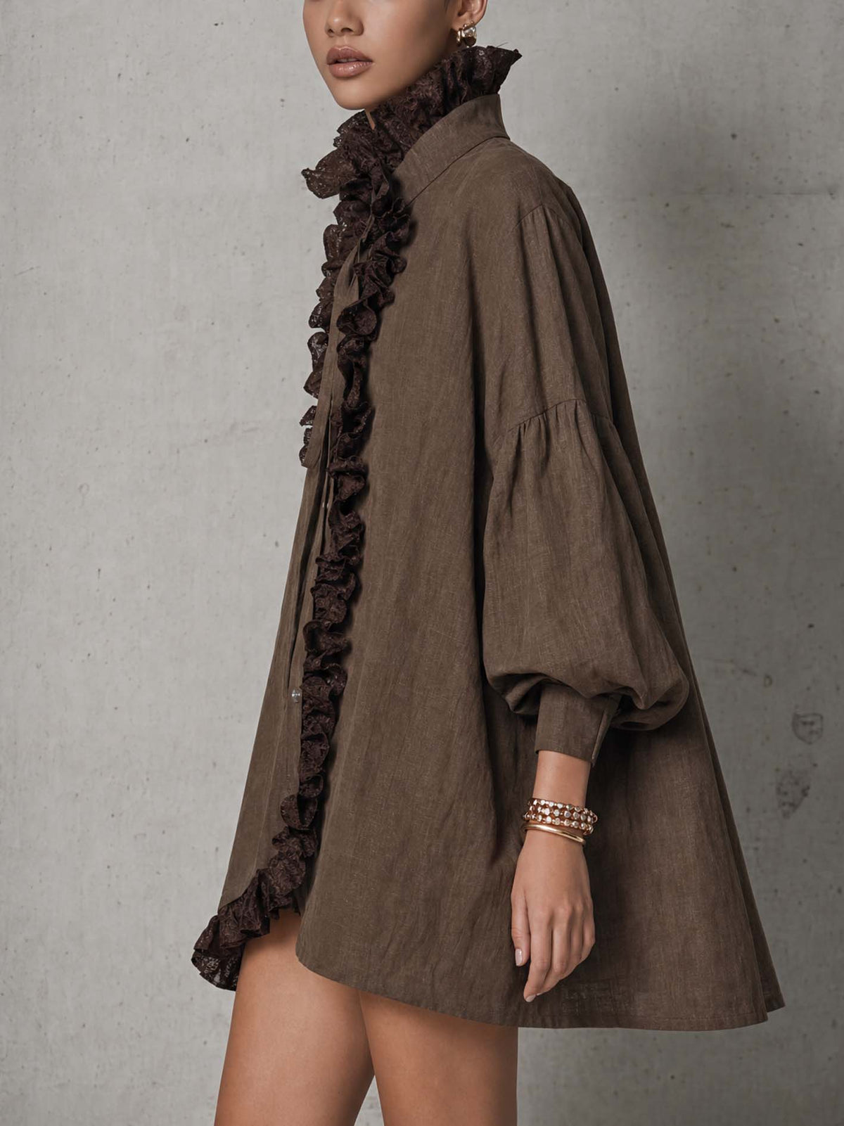 Oversized Lace Ruffle Trim Balloon Sleeve Linen Shirt Dress