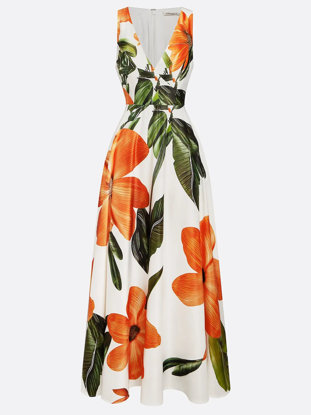 Orange Floral Satin V Neck Sleeveless A-Line Maxi Dress With Pockets