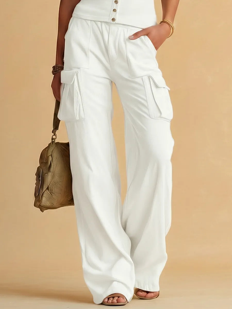 Sporty Stylish V-neck Sleeveless Top And Multi-pocket Cargo Pants Set