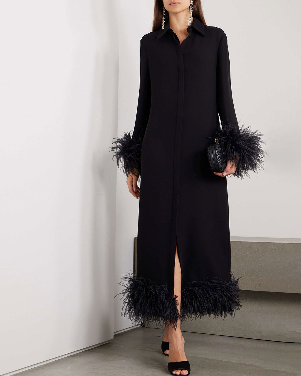 Feather-trimmed silk crepe de chine dress