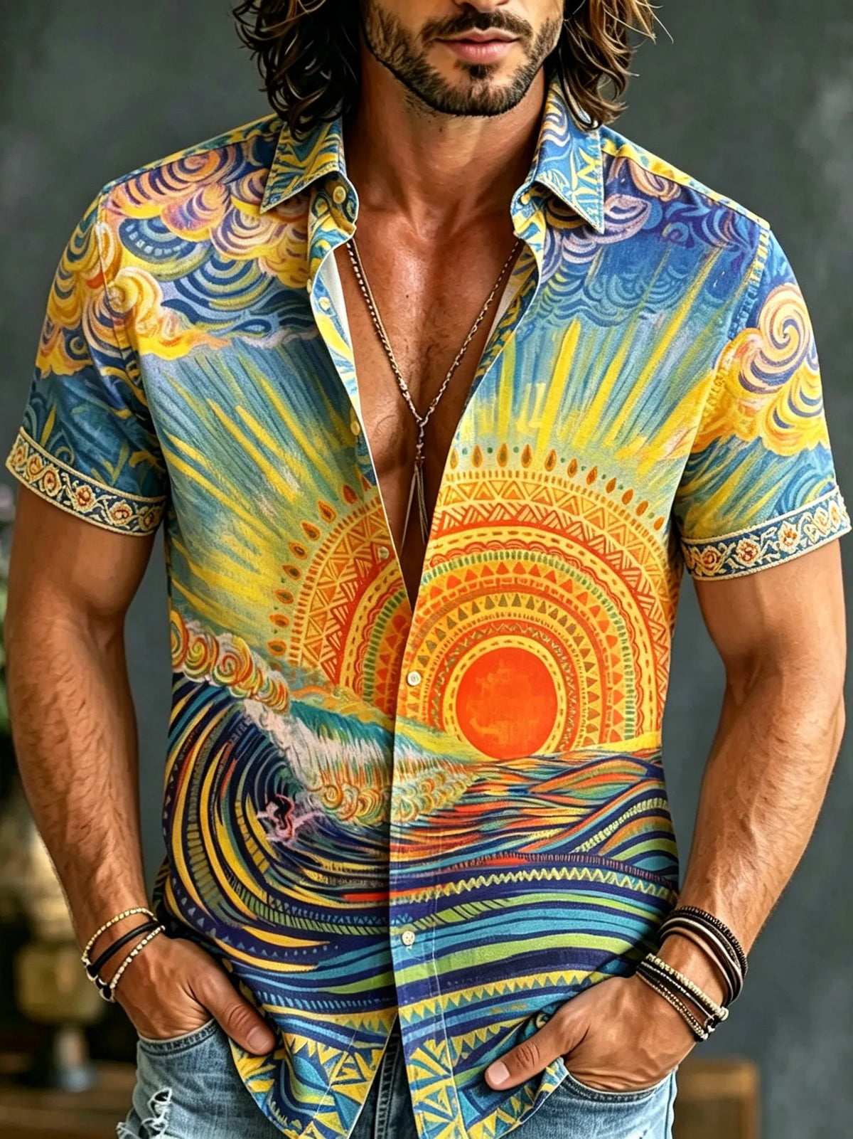 Men's Retro Hippie Style Sun And Wave Embroidered Print Short-sleeve Shirt