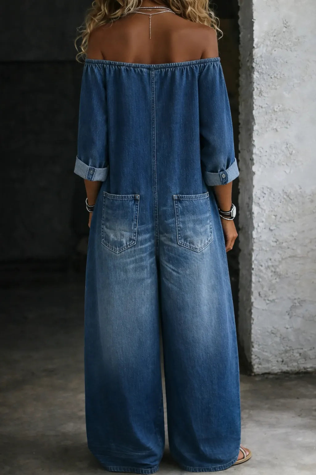 Off Shoulder Jumpsuit for Women - Long Sleeve Denim Style