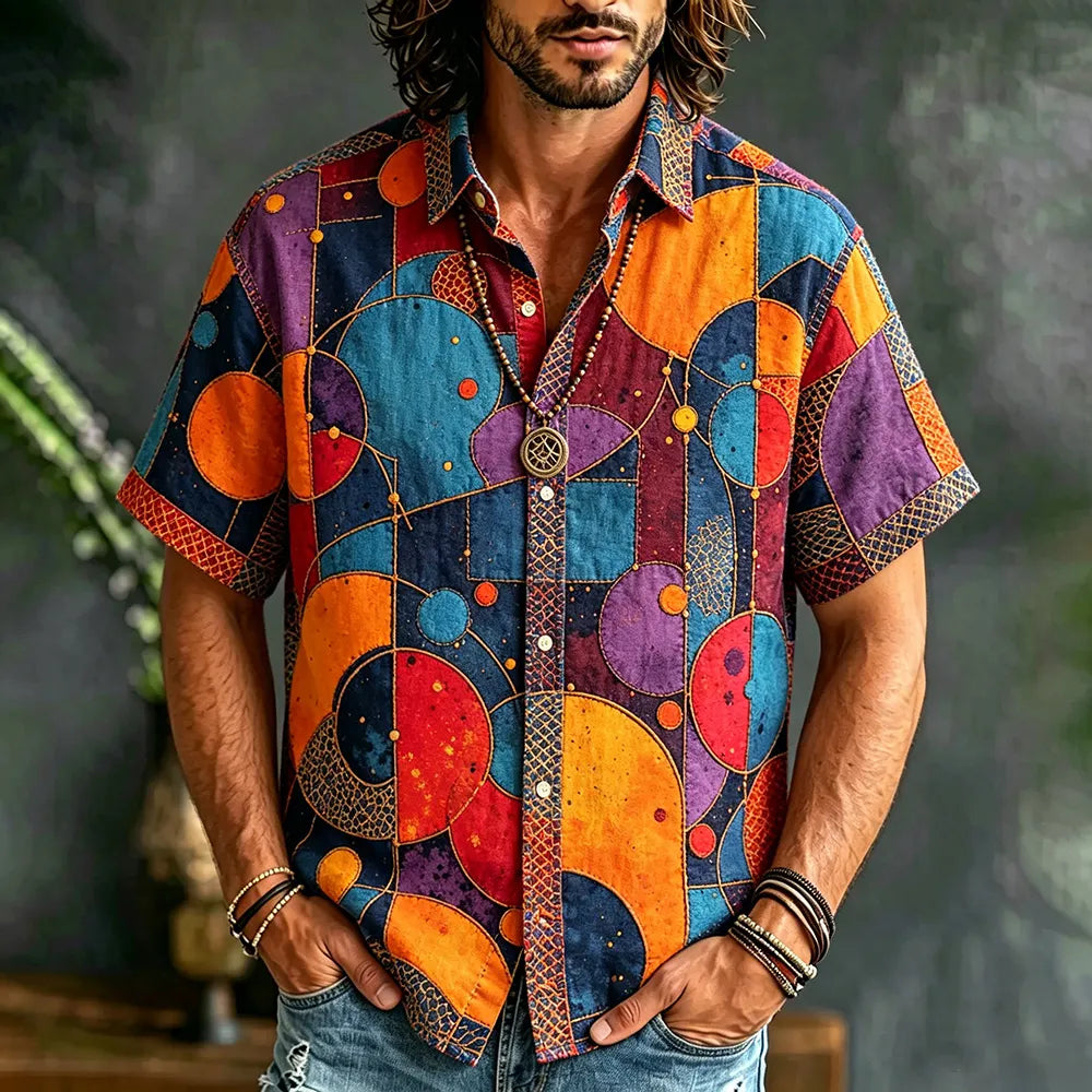 Men's Boho Patchwork Geometric Print Button Up Shirt - Colorful Retro Casual Camp Top