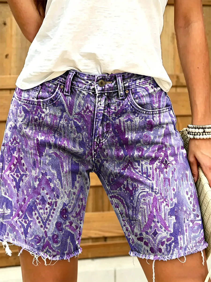 Women's Vintage Print Denim Shorts