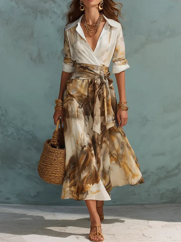 Casual Random Print Midi Skirt With Belt