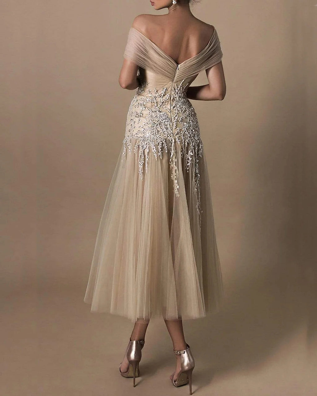 Embroidered Off Shoulder Tulle Dress