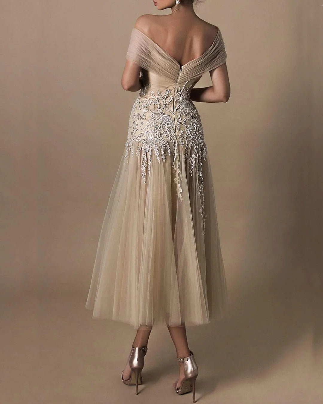 Embroidered Off Shoulder Tulle Dress