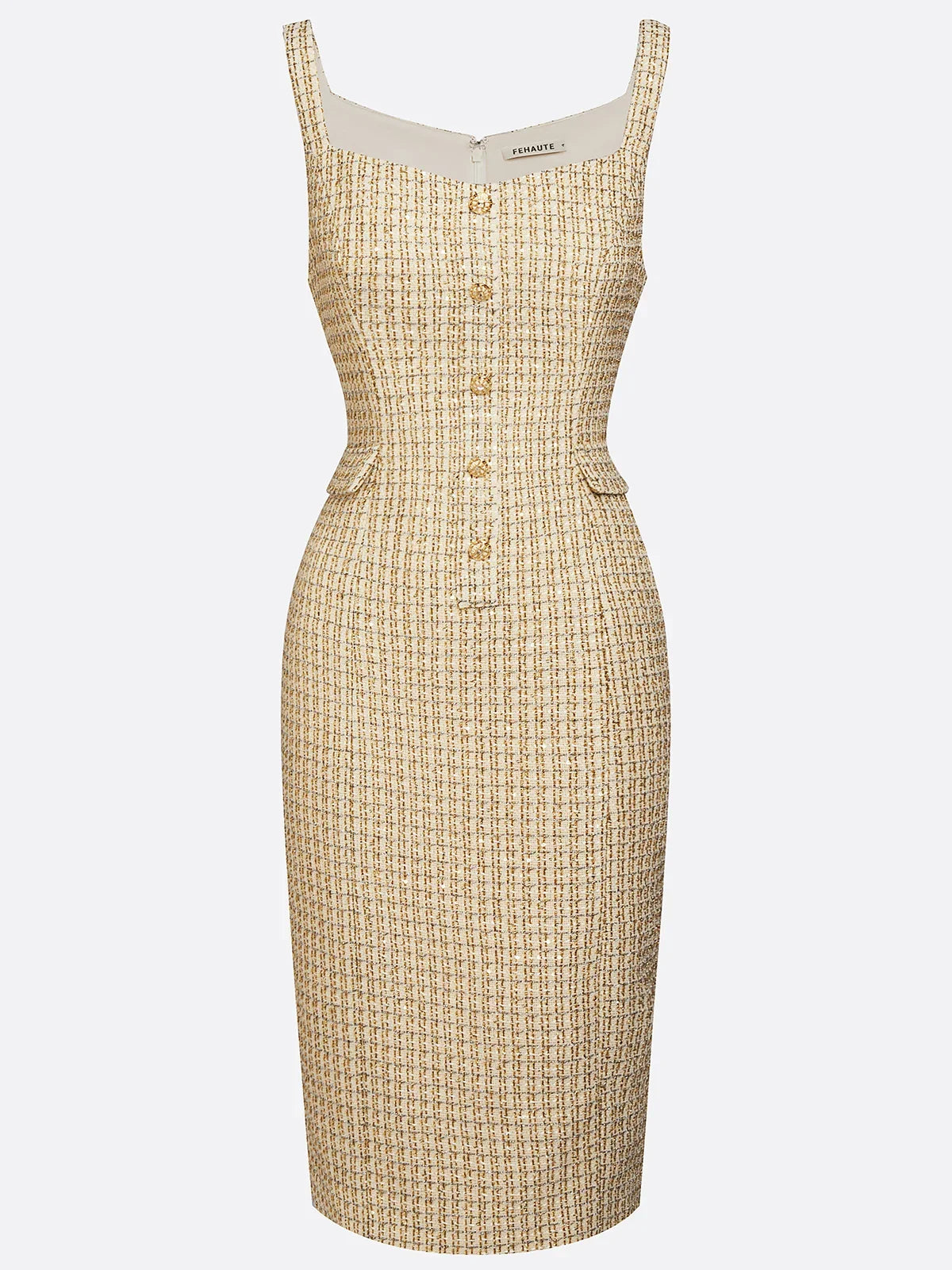 Golden Buckle Pocket Stitching Tweed Spaghetti Sleeveless Sheath Midi Dress