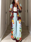 Brown And Blue Color-blocked Floral Print Shirt And Wide-leg Pants Suit