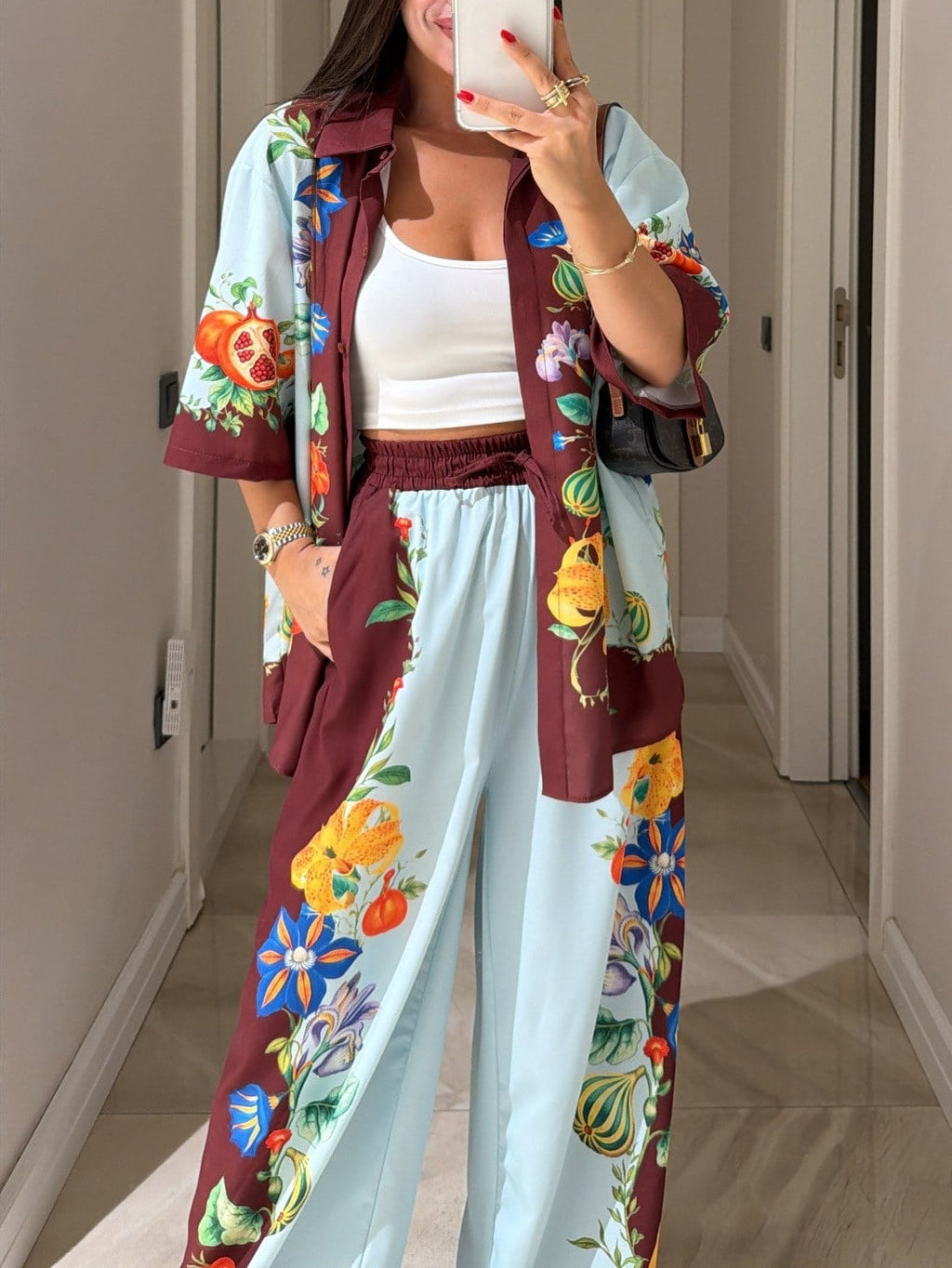 Brown And Blue Color-blocked Floral Print Shirt And Wide-leg Pants Suit