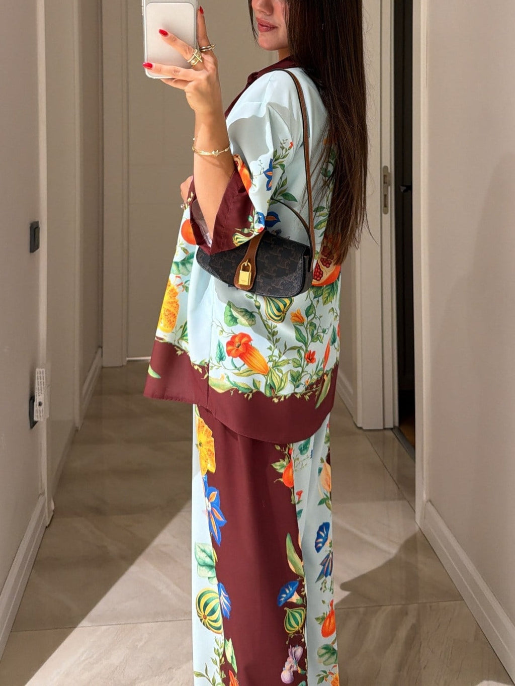 Brown And Blue Color-blocked Floral Print Shirt And Wide-leg Pants Suit