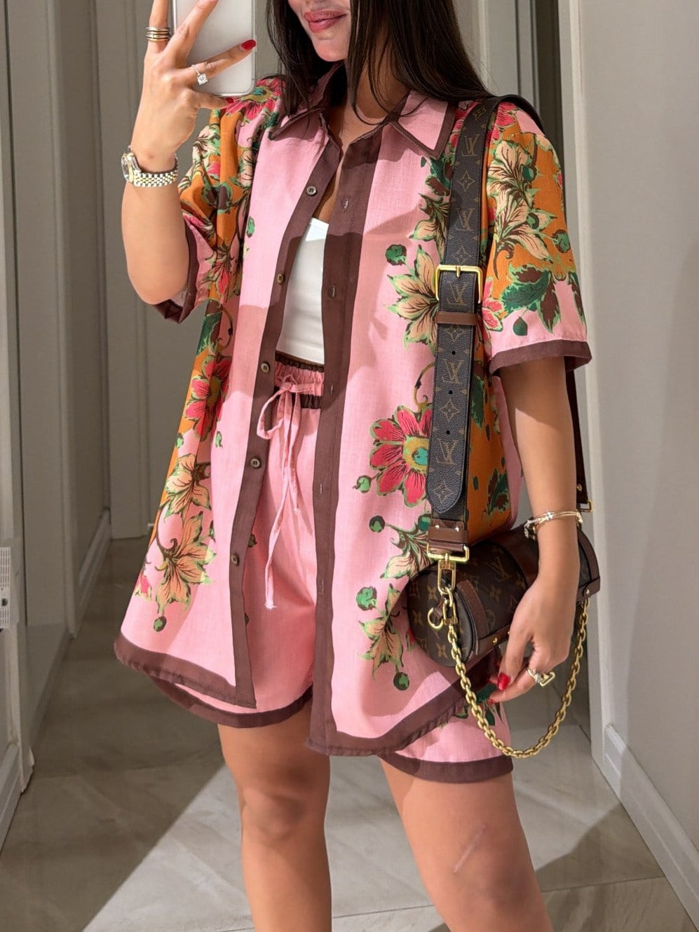 Pink Floral Print Short-sleeved Shirt And Shorts Set