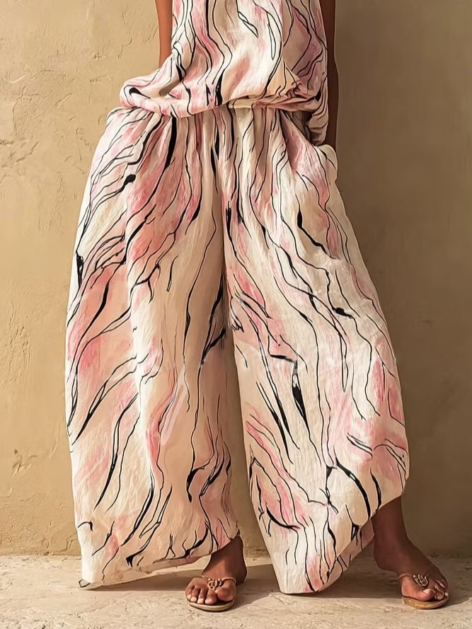 Pink White Gradient Striped Print Camisole And Wide-leg Pants Set