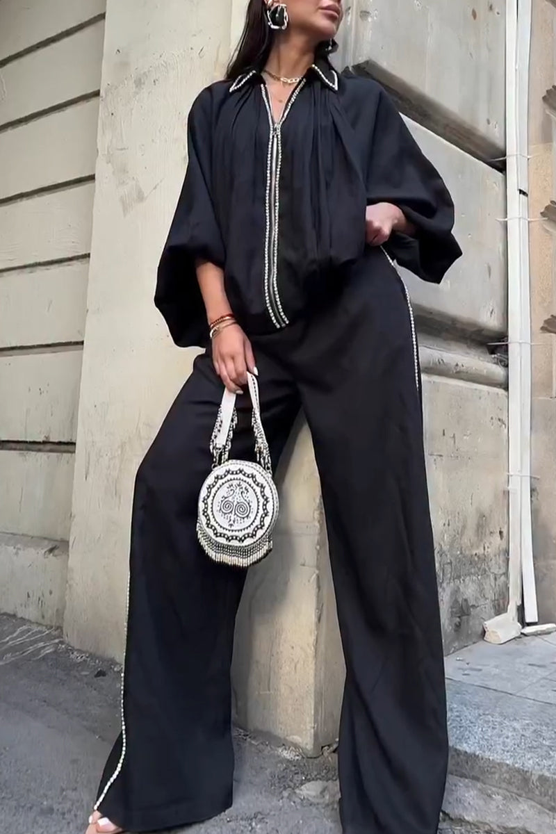 Women Collar Hot Diamond Jacket+ Wide Leg Pants Casual Set
