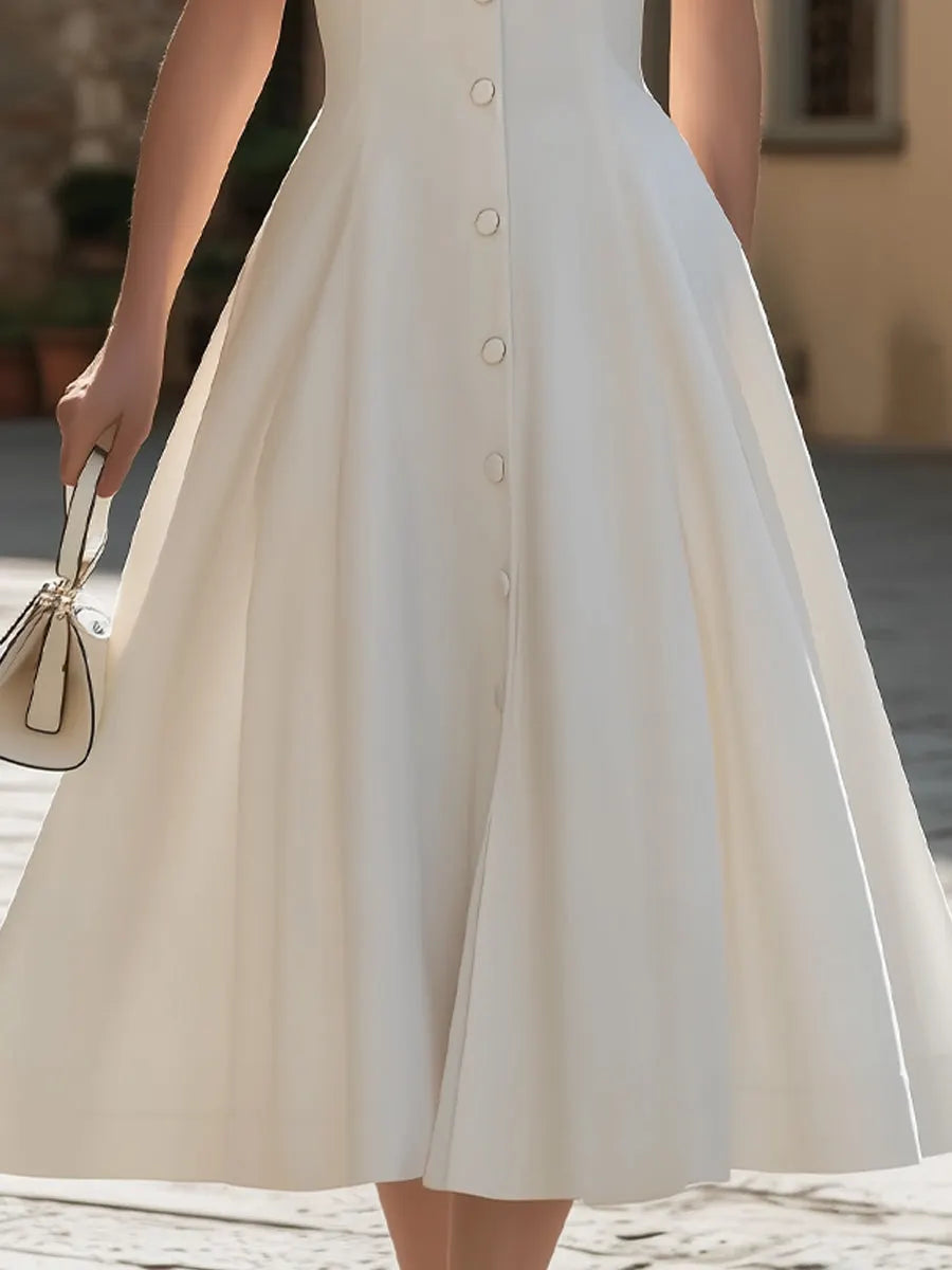 Pointed Collar Short-Sleeve Button-Down A-Line Midi Dress