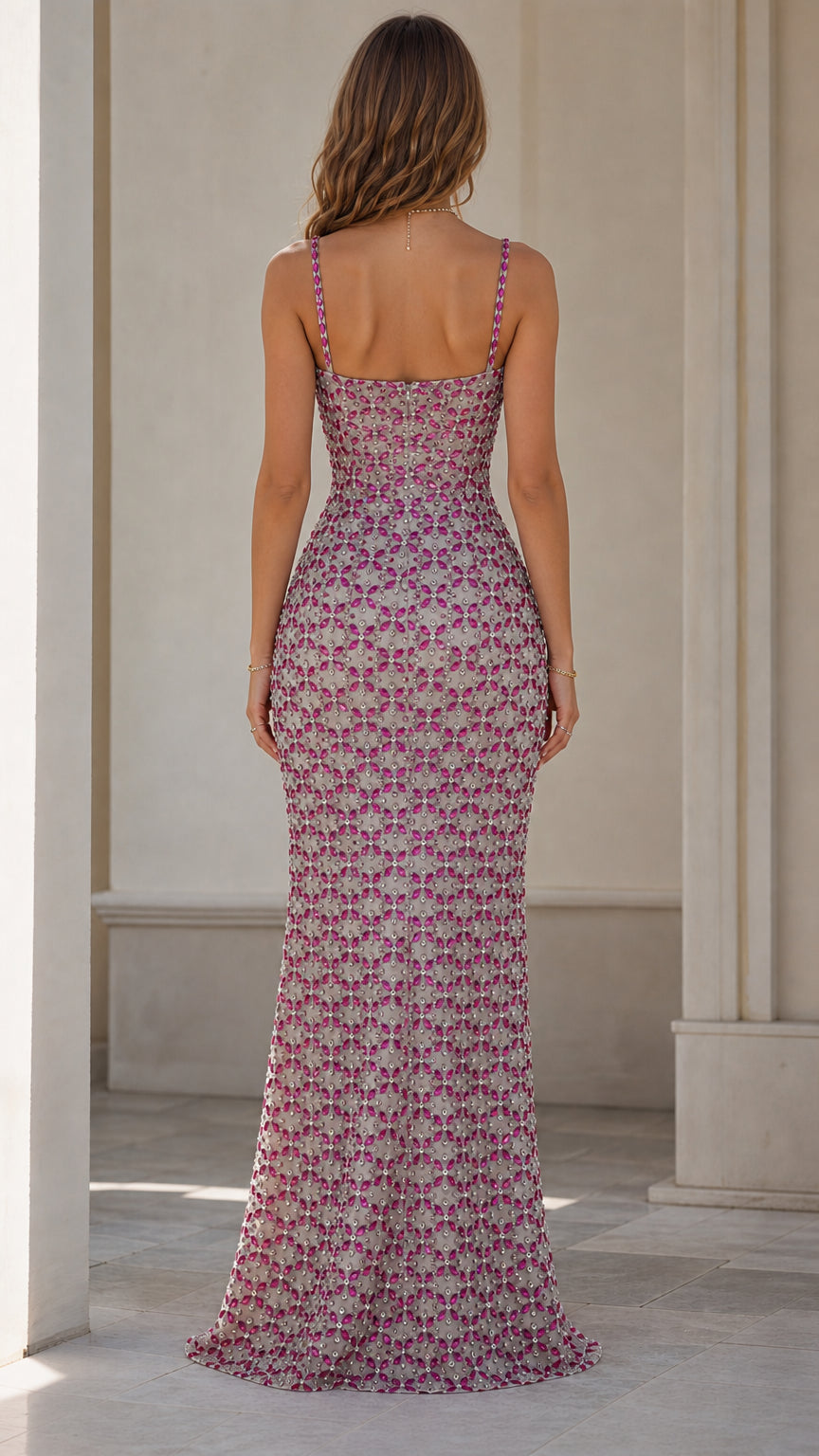 Sparkling Rhinestone Sweetheart Maxi Evening Gown with Bow Accents