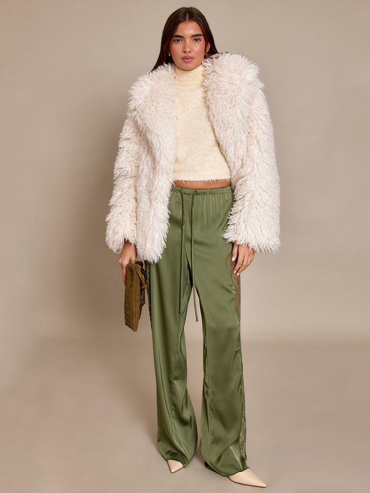Deep Olive Satin Lace-Trim Drawstring Pants