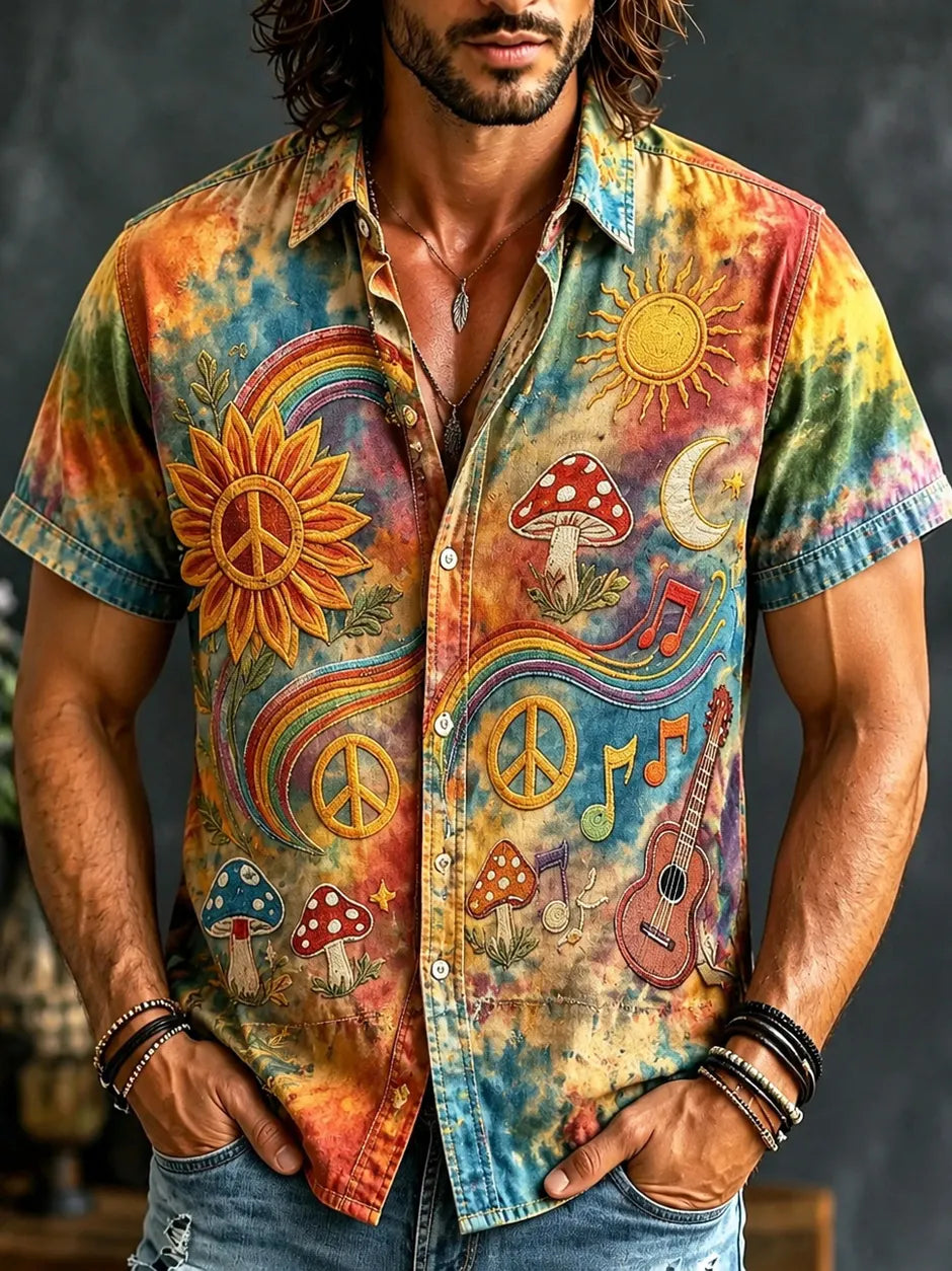 Men's Hippie Tie Dye Psychedelic Mushroom Guitar Print Short Sleeve Shirt