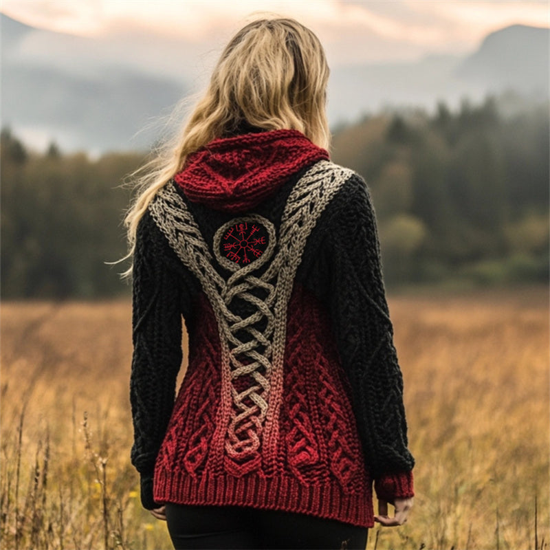 Viking Vegvisir Embroidered Celtic Gradient Hooded Cardigan