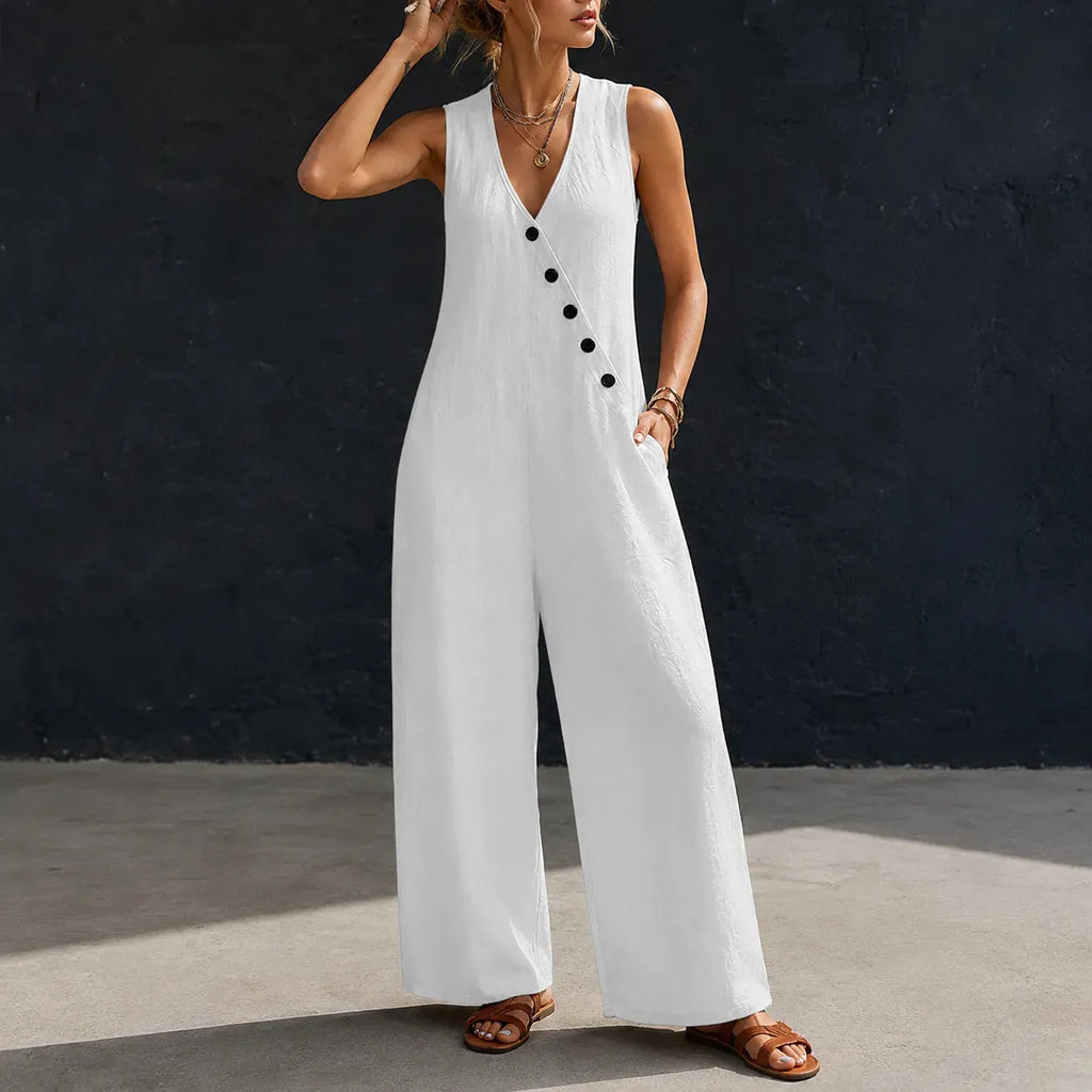 Wearvelle – Sleeveless Wide-Leg Jumpsuit with Diagonal Buttons and Pockets