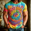 Hippie Slogan And Floral Art Distressed Tie-dye Print Loose Short-sleeved Top