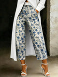 Women's Fashion Ethnic Floral Loose-fit Printed Wide-leg Casual Denim Pants
