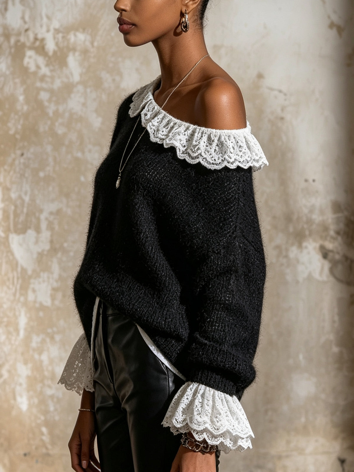 Black Mohair Off-The-Shoulder Sweater With White Lace Trim