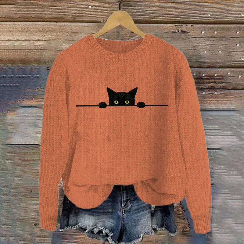 Women's Casual Funny Black Cat Print Sweater