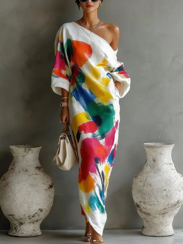 Casual Abstract Print H-Line Asymmetrical Maxi Dress With Belt
