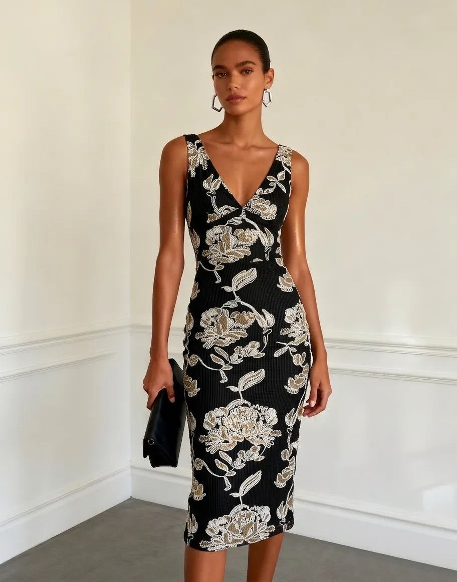 Black Jacquard Classic V Neck Sleeveless Sheath Midi Dress