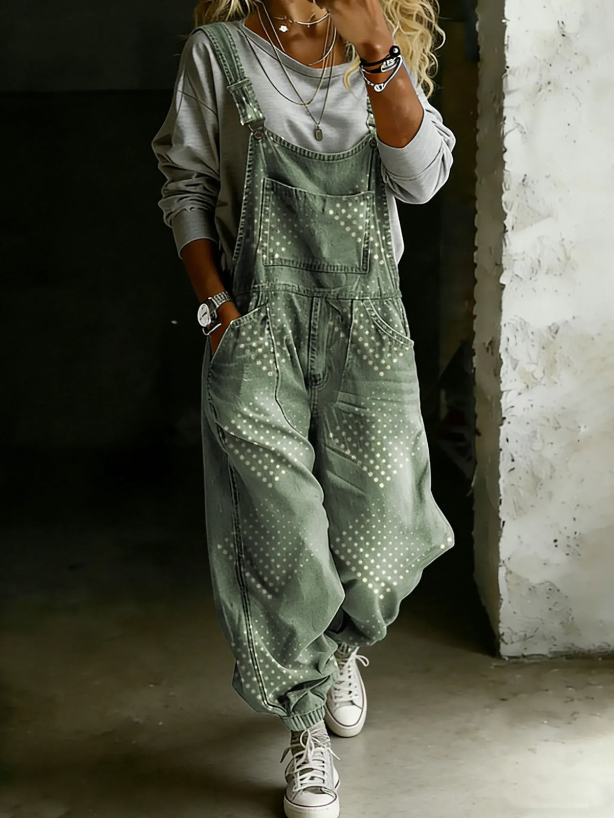 Women’s Vintage Green Art Print Casual One Piece Denim Jumpsuit