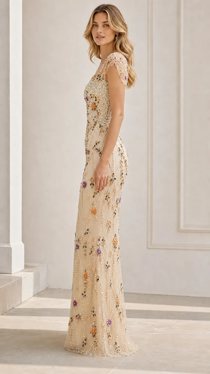 Floral Beaded Cap Sleeve Column Evening Gown with Square Neckline