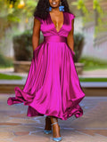 Casual Sleeveless Plunging Pleated Solid Color V-Neck Maxi Dresses