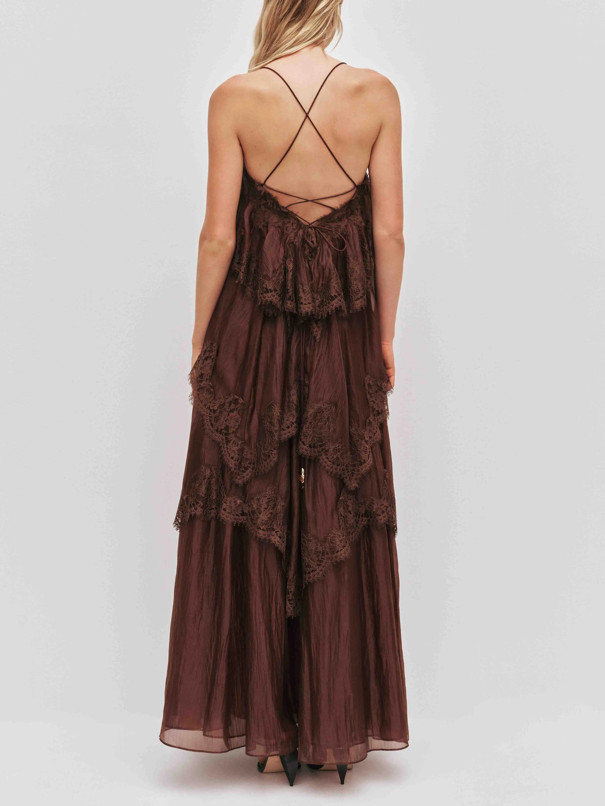Elegant Layered Lace-Trim Spaghetti Strap Maxi Dress