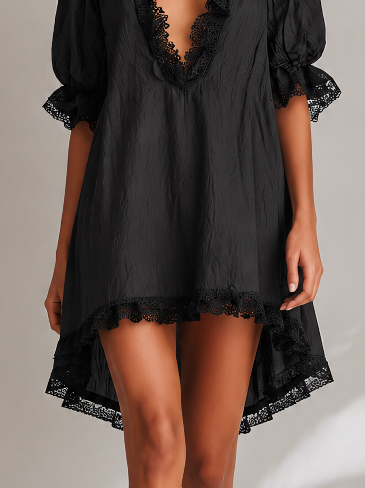 Black Textured Lace Trim Irregular Hem Puff Sleeve Mini Dress