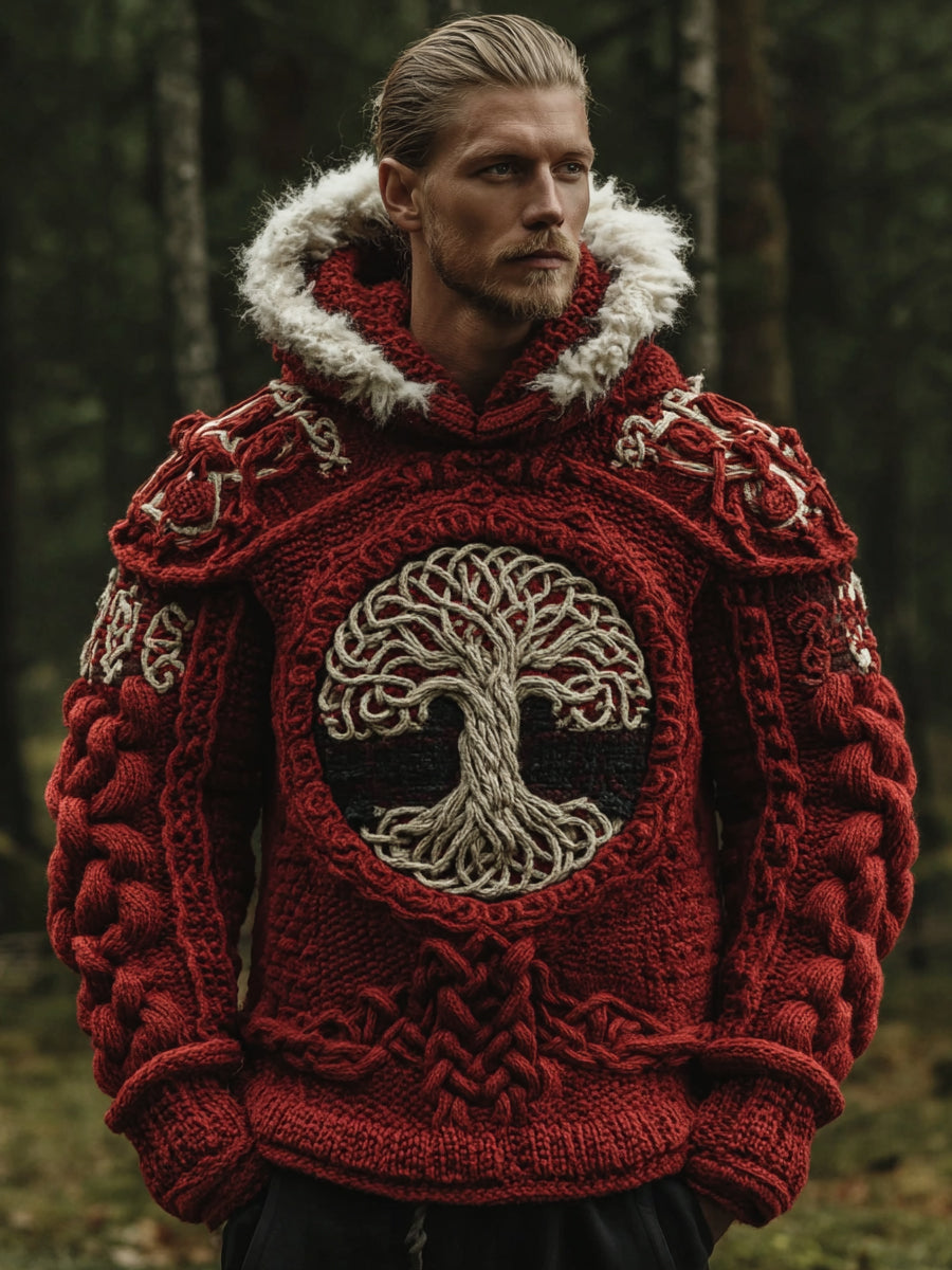 Men's Vintage Viking Tree Of Life Jacquard Knit Hooded Sweater