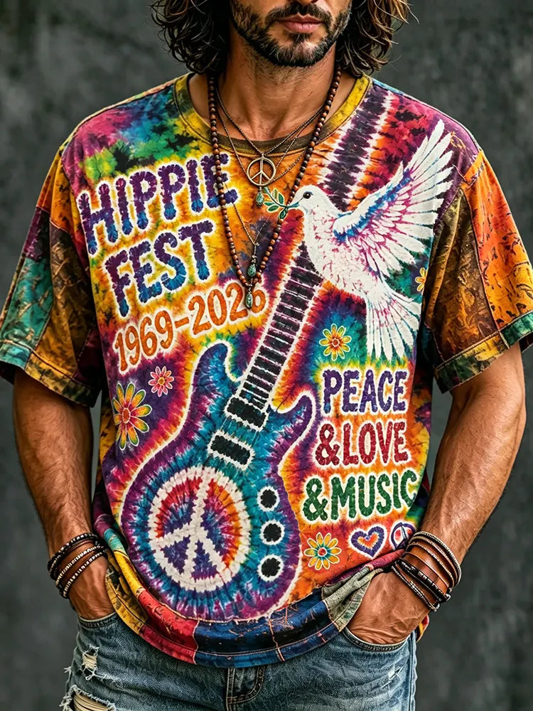 Men's Retro Hippie Music Pigeons With Guitar Tie Dye Art Pattern Print T-shirt