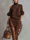 Chocolate Knit Off Shoulder Tulle Long Sleeve Midi Dress