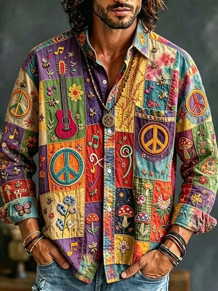 Men's Peace Sign And Guitar Hippie Patchwork Print Long Sleeves Shirt