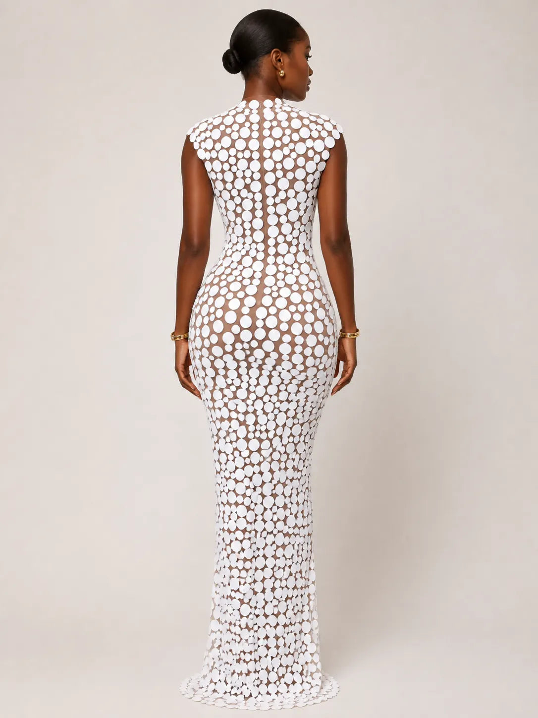 Ivory Disc Appliqué Sheer Mesh Bodycon Maxi Dress