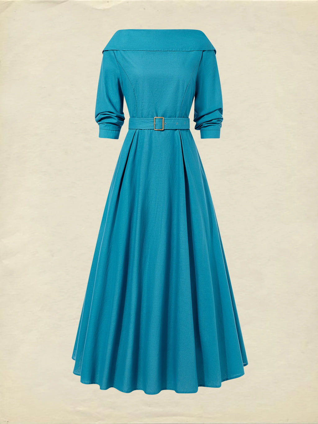 Midi Linen Dress , Half Sleeve, Shawl Collar, Plain, Belt Design, Vintage, Cyan