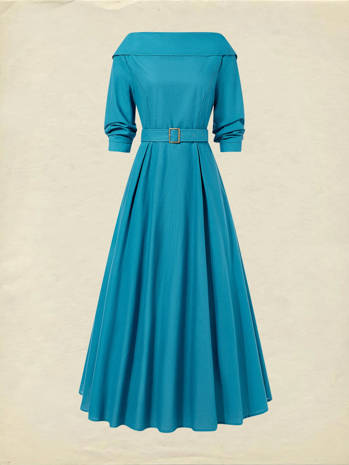 Midi Linen Dress , Half Sleeve, Shawl Collar, Plain, Belt Design, Vintage, Cyan