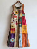 Colorful Patchwork Floral Embroidered Linen Blend Dress