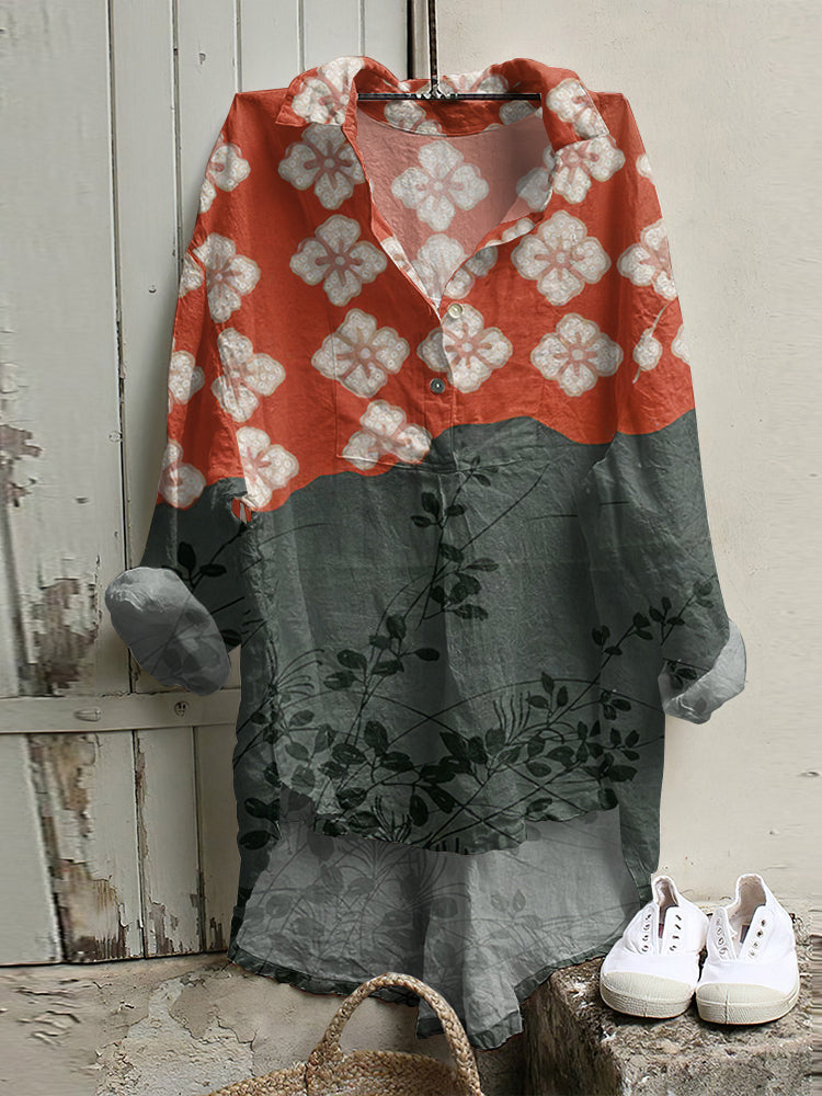 Japanese Art Flower Print Long Sleeve Casual Shirt