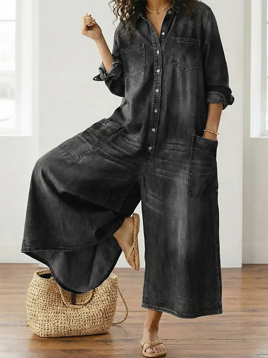 Denim Jumpsuit Women Cotton Button Front Vintage Washed