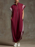 Striped Sleeveless Zipper Oversized Jumpsuit